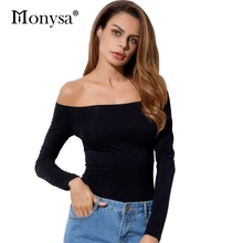 С Плеча Топы Женщины Новые Поступления Длинным Рукавом Хлопок футболка Женщины Повседневная Slim Fit Женские Футболки Sexy Футболки черный