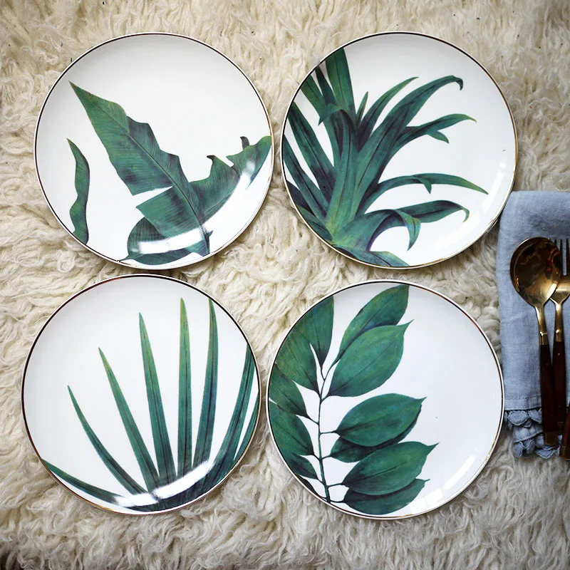 

1pc European Rainforest Ceramic Plate Handcraft Leaf Gold Inlay Porcelain Serving Platter Steak Plates Dishes Home Kitchen Deco