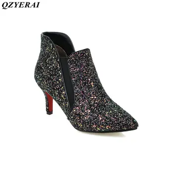 

QZYERAI 2018 new sexy winter thermal boots fashion pointed metal flash boots big size 34-43