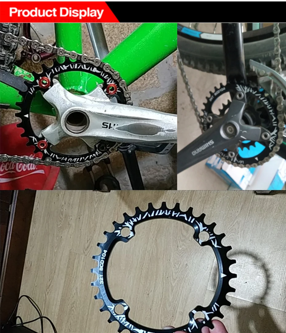 Велосипедная рукоятка 104BCD/96BCD круглой формы, узкая широкая 32 T/34 T/36 T/38 T MTB, велосипедная цепь, круг, коленчатая цепь, одна пластина, звездочка