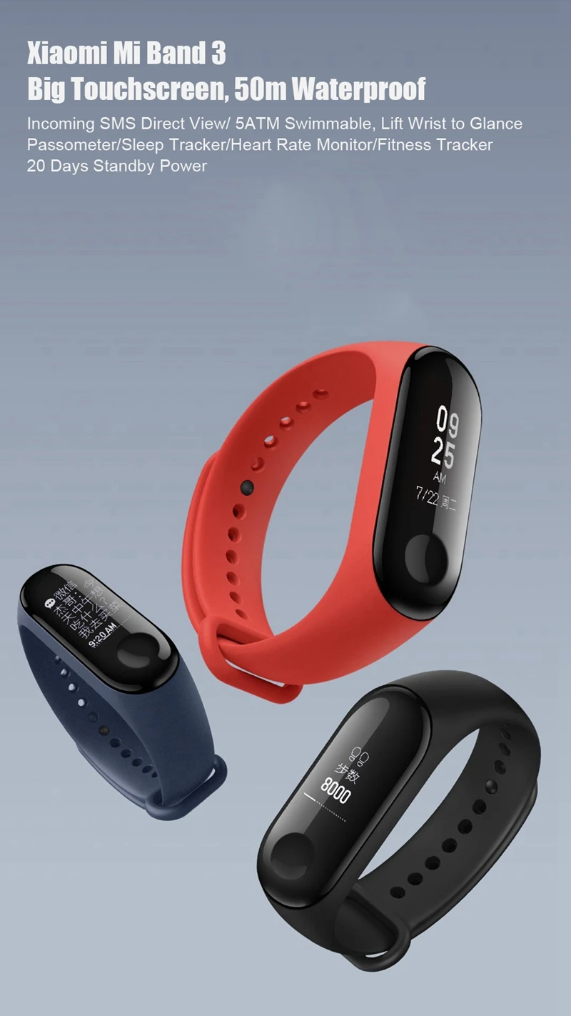 Оригинальный Xiaomi mi band 3 Смарт-браслет mi band 3 OLED дисплей фитнес mi браслет-трекер водонепроницаемые часы Correa