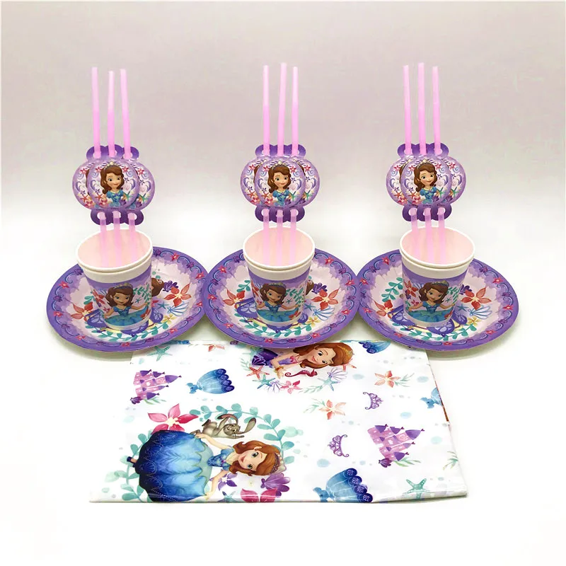 

Kids Favor Disney Sofia Theme Paper Cup Plate Straw Girl Birthday Party Anniversary Wedding Tablecloth Decoration Supply 73Pcs