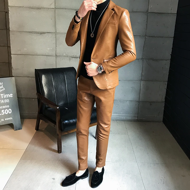 

Men's new leather case set body PU leather fashion business casual men's leather suit autumn jacket (top + pants)