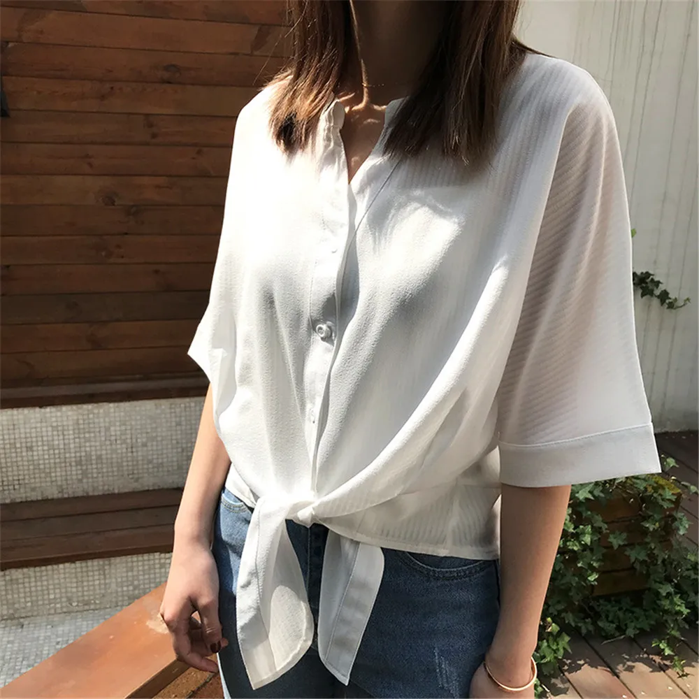 Short Style Loose Chest Women Blouse Shirt 2018 Summer V Neck Casual Short Shirt Chiffon Half Sleeve Dating Blouse campus Shirt (26)