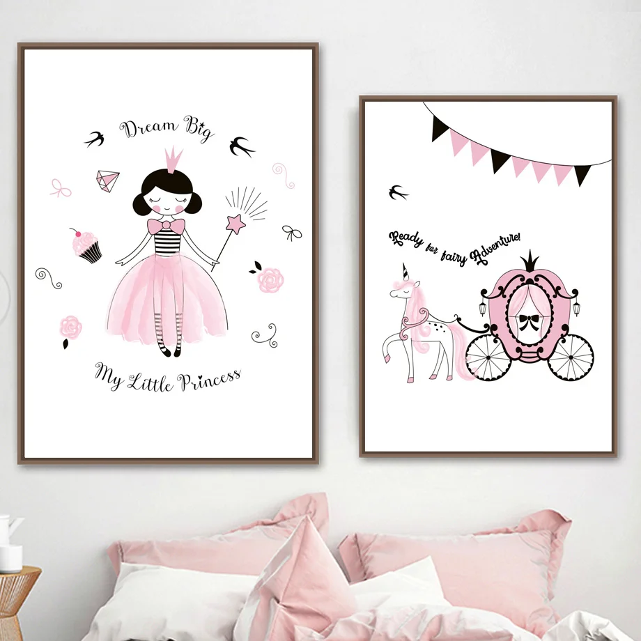 Watercolor Little Princess Pumpkin Car Unicorn Wall Art Canvas Painting Nordic Posters And Prints Wall Pictures Kids Room Decor