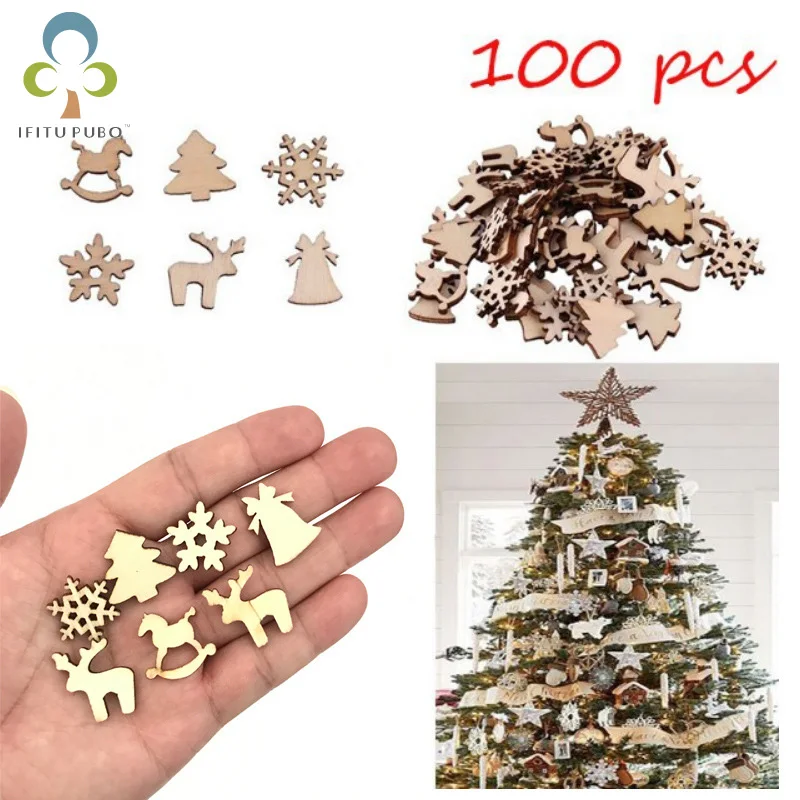

100pcs/lot Mix DIY Wooden Chip For Christmas Carve Ornaments Card Scrapbooking Embellishments Christmas tools DIY Crafts RQX