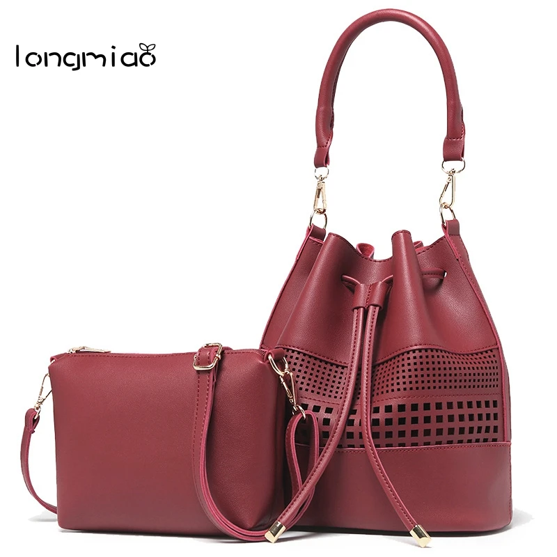 

longmiao Bucket Handbag Leather Designer 2 pcs Composite Bag Set Hollow Out Totes Women Messenger Bag Purses and Handbags