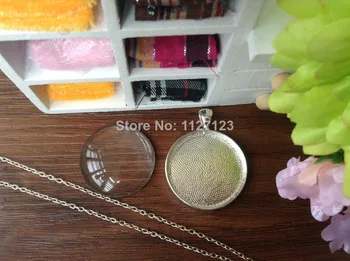 

15 Sets, Pendant Kits - 30mm Circle Bezel Blanks with Matching Glass Cabochons and Chains Silver plated1.25 inch