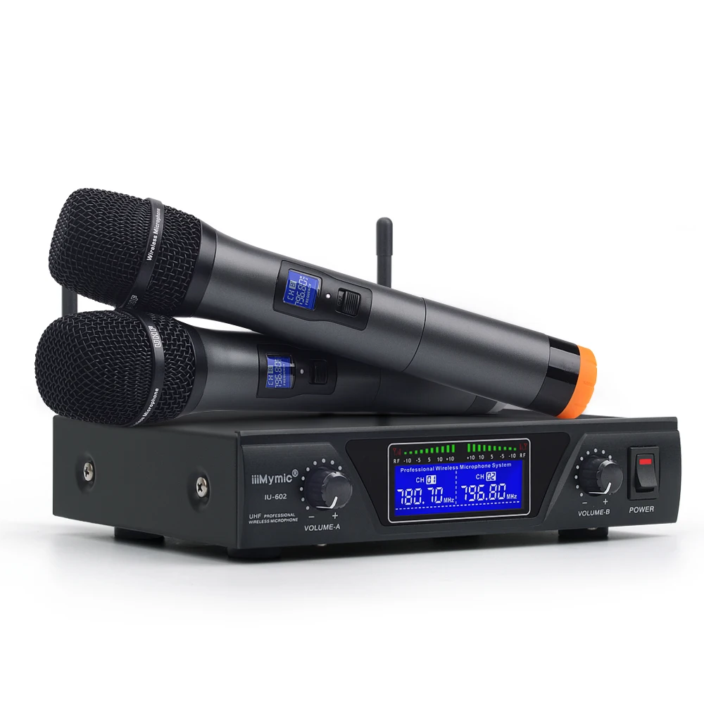 IU 602 UHF Dual Channel 2 Metall Handheld Mic Sender Professionelle Langstrecken Drahtlose Mikrofon System für Karaoke Rede-in Mikrofone aus Verbraucherelektronik bei