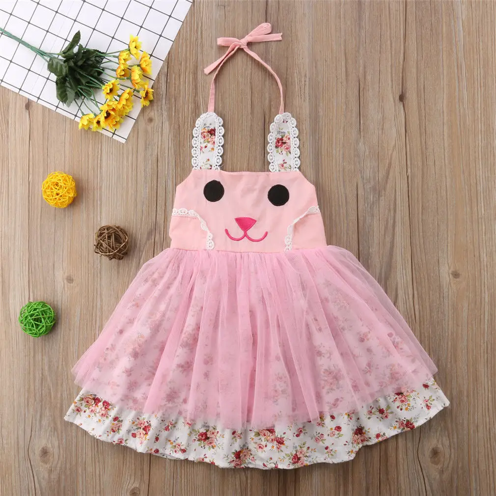 Newborn Infant Girls Dresses Easter Bunny Rabbit Ear Cartoon Princess Mesh Dress Tulle Tutu Party Princess Floral Dressed Outfit