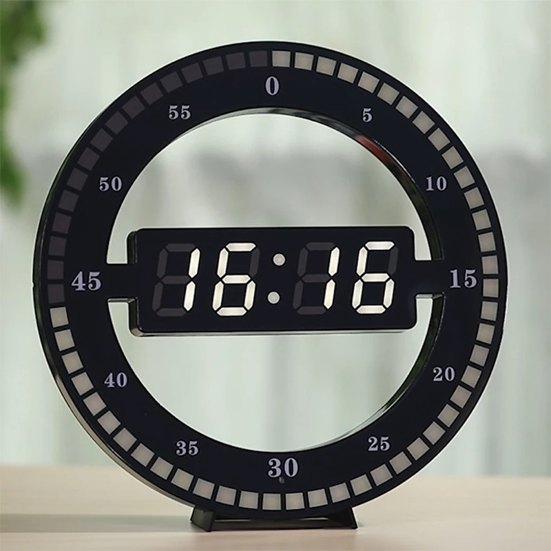  3D LED Digital Wall Clock Electronic Night Glow Round Wall clocks Black Automatically Adjust Bright - 1000007174465