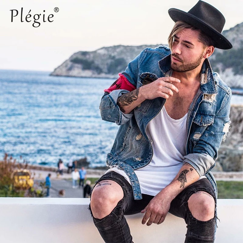 Plegie Men Ripped Ribbon Jeans Jackets Washed Patchwork Distressed Denim 2018 Mens Slim Fit Streetwear HipHop Vintage Jacket