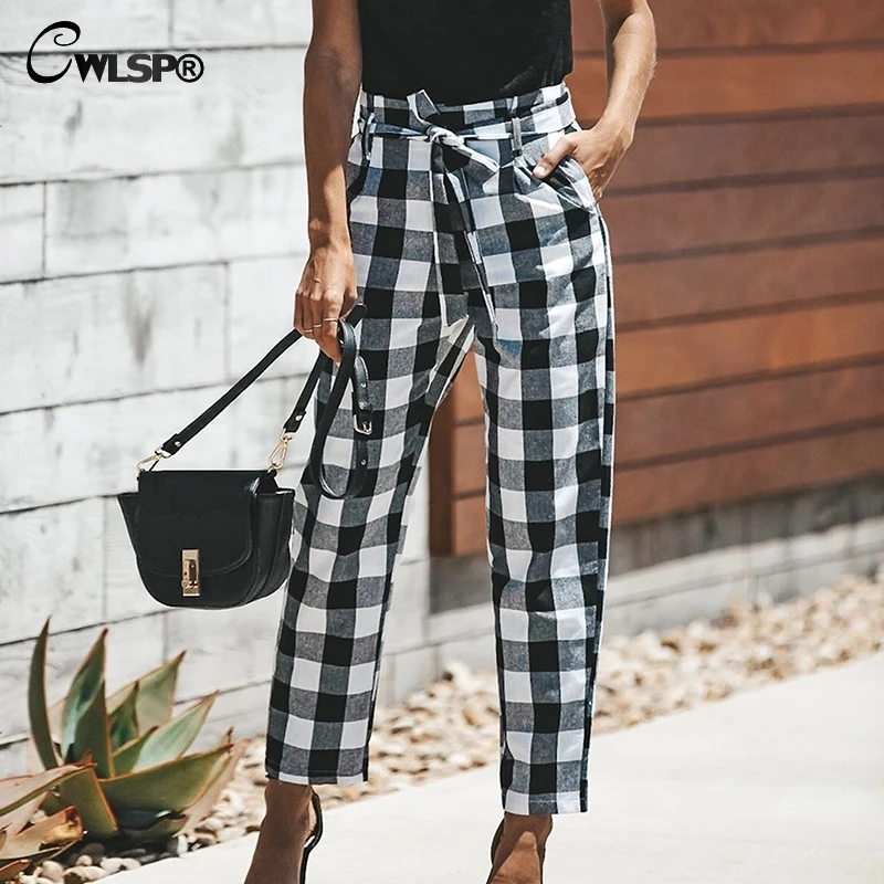 CWLSP 2018 2 color plaid Women pants loose casual Pants with pocket Female tie up front comfort pantalon mujer QZ2914