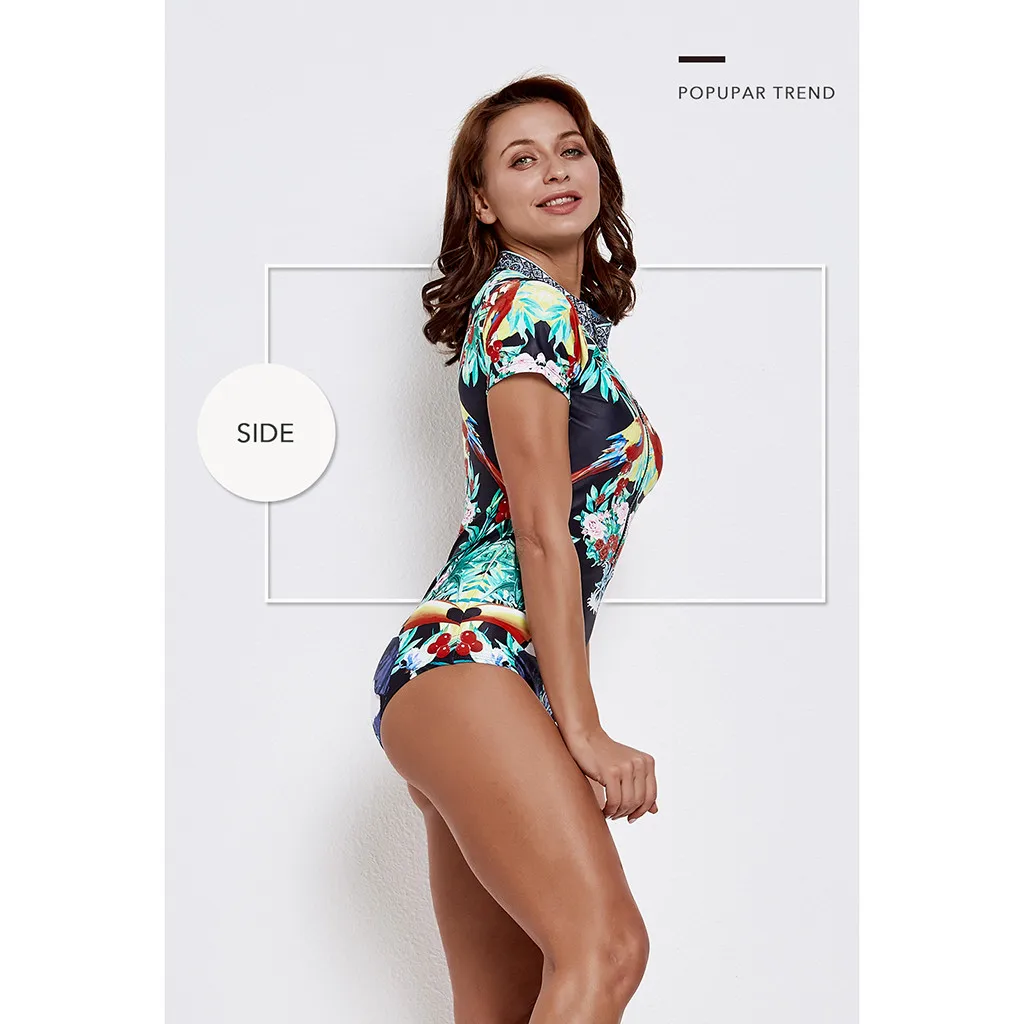 Rashguard женский купальник с коротким рукавом Цельный защитой от солнца молнией