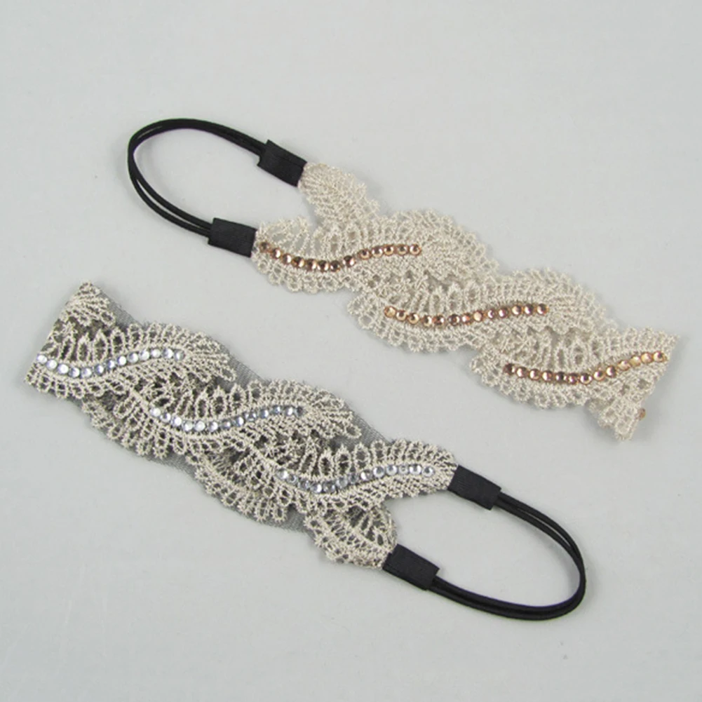 

Fashion Women Rhinestone Lace Wide Elastic Headband S-shape Leaves Hair Band