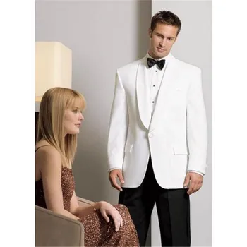 

2018 White One Button Groom mens suit Tuxedos terno masculino 2 pieces Shawl Lapel Groomsmen Men Wedding Suits ( jacket+Pants)