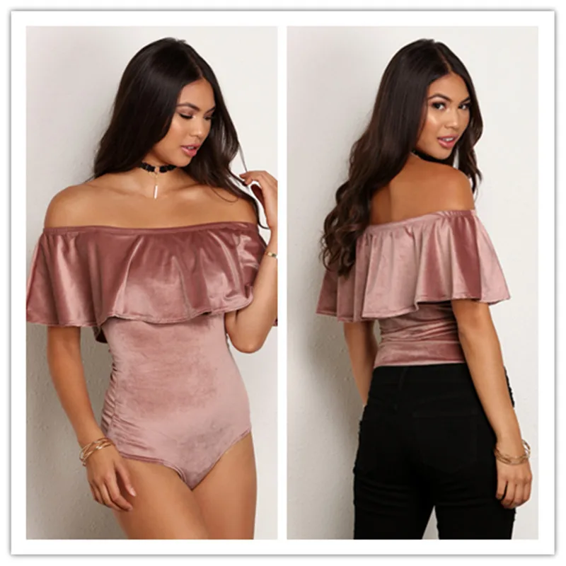 

2017 Women Swimwears Olive Nude Velvet One Piece Bathing Suit off shoulder Ruffled Swimsuit Monokinis Beachwear maillot de bain