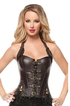 

Fashion Women's Faux Leather Buckle Lace Up Overbust Corset Adjustable Halter Steampunk Corset Tops Plus Size S-2XL
