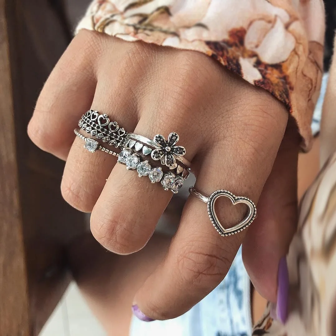 

6 Pc/set Charm Midi Finger Ring Set For Women Vintage Boho Crystal Heart Knuckle Party Rings Punk Jewelry Gift For Girl