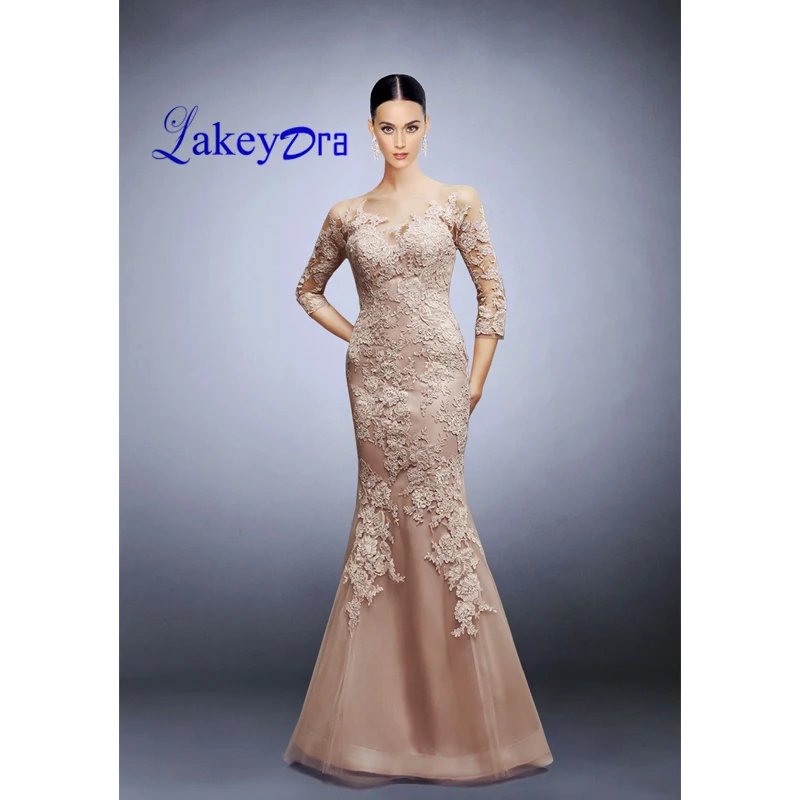 

Lakeydra Champagne Mermaid Evening Dresses Tulle Sheer O-Neck with Appliques Covered Button Back Prom Gowns Robe De Soiree