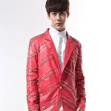 Европейская певица бар Рок Панк куртка с заклепками красная кожаная куртка мужская индивидуальность представления костюм jaqueta de couro 1 этап