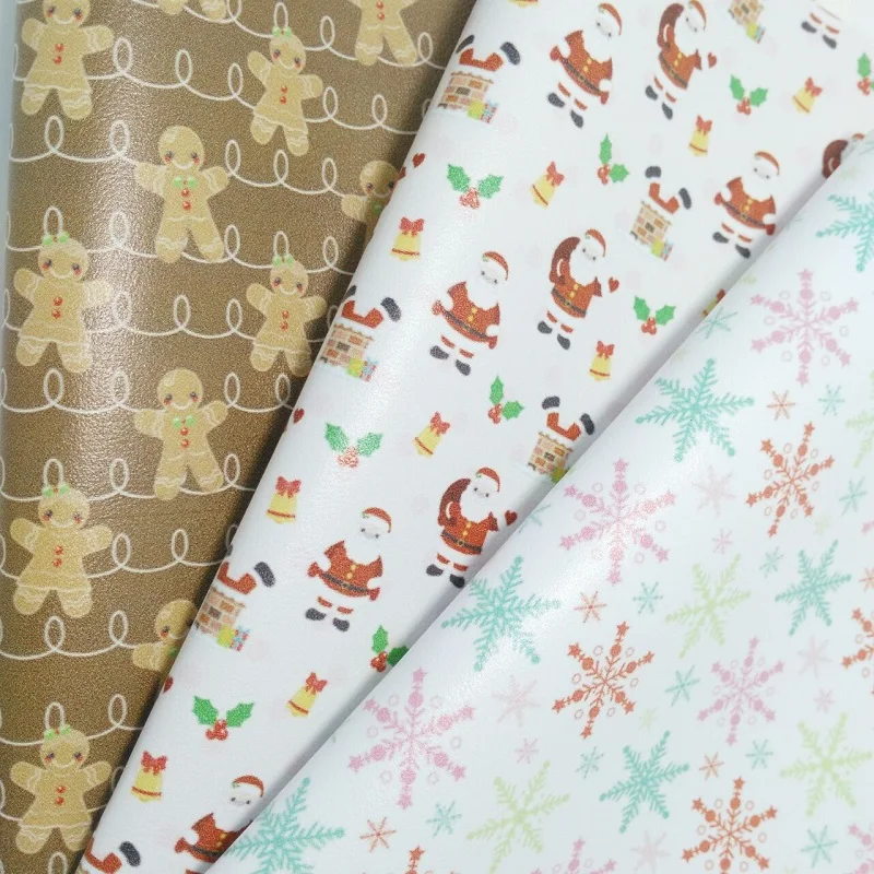 

1PCS 21X29CM Synthetic Leather, Printed Sata Clause Snowflake and Gingerman Leather For DIY AccessoriesS145B