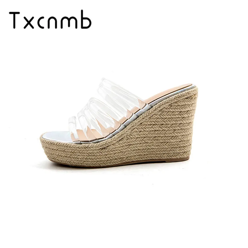 

TXCNMB 2019 Women Sandals Fashion wedges High Heel Peep Toe PU Leather Slingback Cut Outs Sexy Ladies Shoes woman Slippers