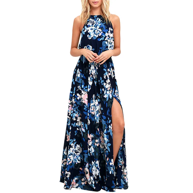 

Women Sexy Floral Printed Adjustable Sleeveless Lace-up Split Maxi Long Dress@GA