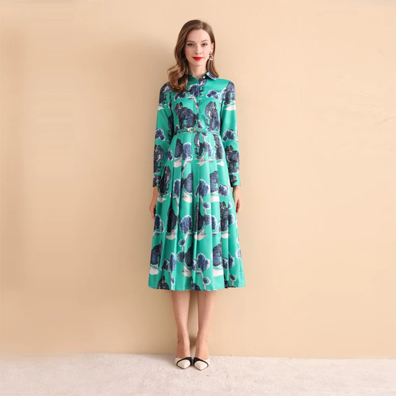 Buy 2018 New Autumn Pretty Green Print Dress Women