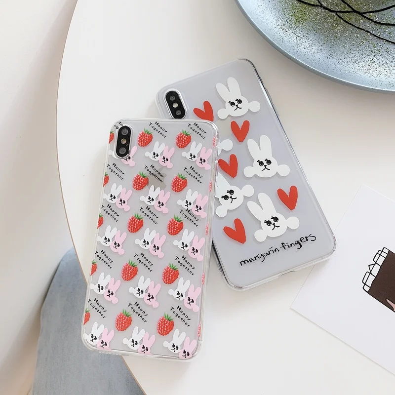 

Strawberry rabbit transparent case phone on for coque iphone 8plus 7 6 s 7 plus xr xs max cute love heart rabbits soft cover i10