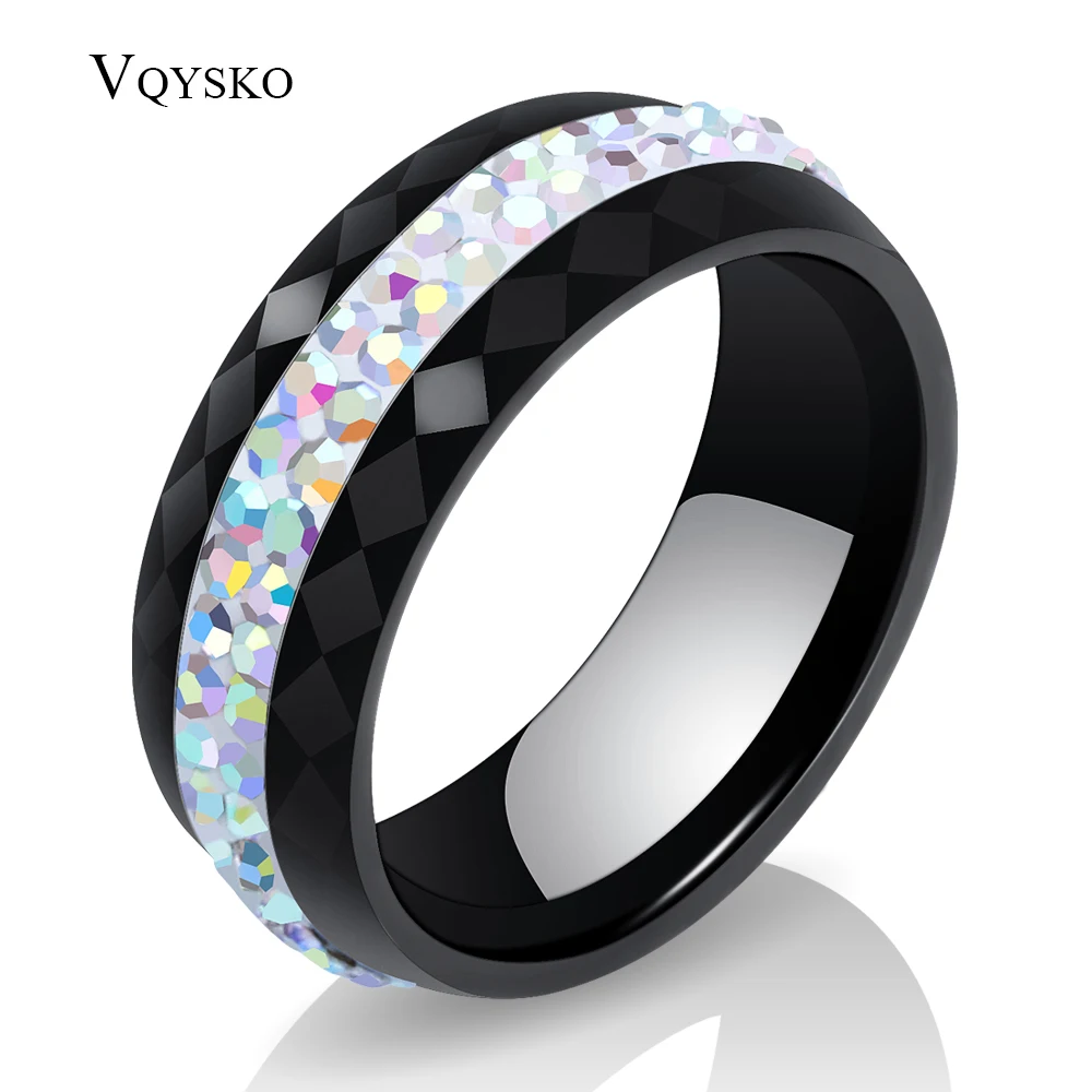 

NIBA 8mm Wide Black and White 2 Row AB Crystal Ceramic Ring Women Engagement Promise Wedding Band Gifts For Women