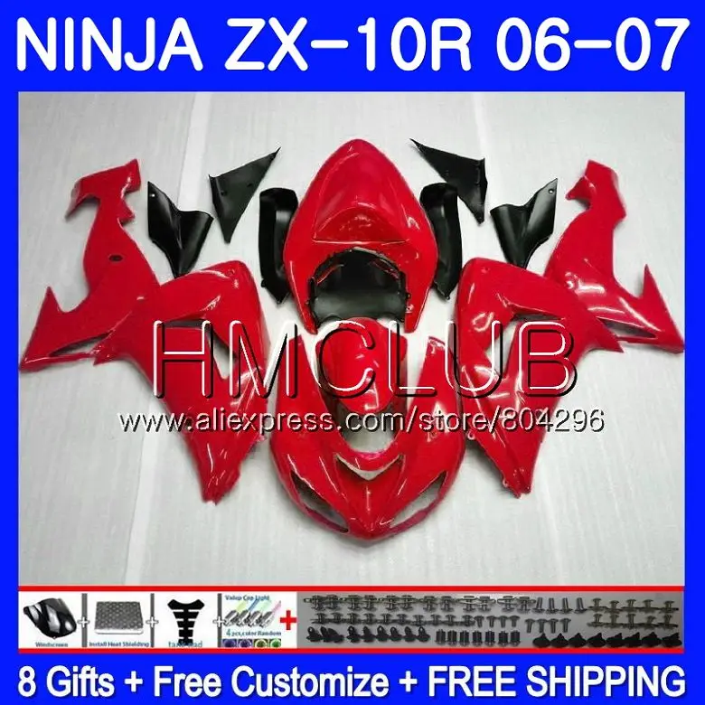 

ALL Gloss red Bodywork For KAWASAKI NINJA ZX1000C ZX10R 06 07 23HM.19 ZX1000 C ZX 10 R ZX-10R 06 07 ZX 10R 2006 2007 Fairing kit