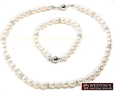 

ddh00653 NATURAL WHITE CULTURED FRESHWATER PEARL NECKLACE BRACELET SET MAGNETIC CLASP