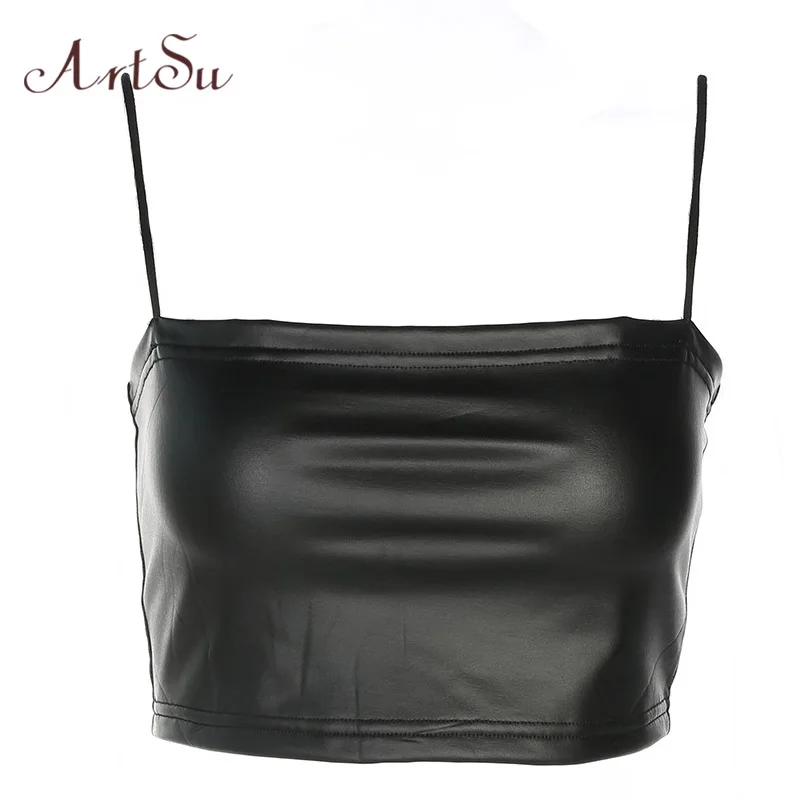 

ArtSu Black Sexy PU Tank Top Women Sleeveless Slim Fitness Camisole Faux Leather Tops 2018 Summer Fashion Streetwear ASVE20090