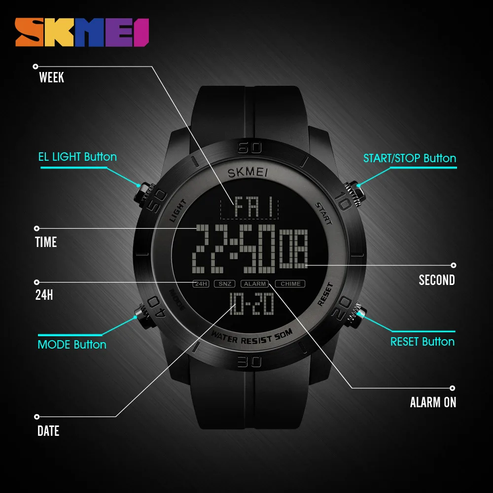 SKMEI мужские спортивные часы на открытом воздухе водонепроницаемый цифровой счетчик часы Мода подсветка хронометраж наручные часы Montre Homme