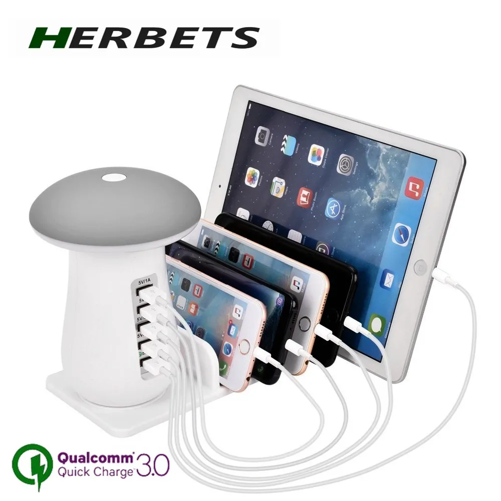 

Universal mushroom-shaped LED light +5 USB 30W desktop phone tablet smart charging adapter