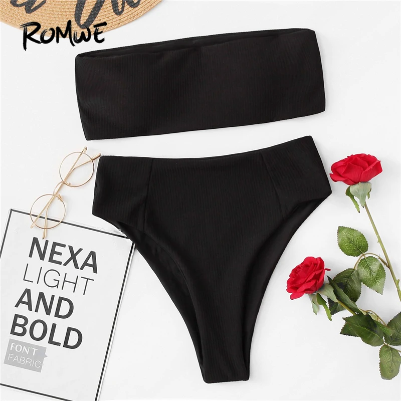 

Romwe Sport Black Ribbed Bandeau With High Leg Bikini Set Women 2019 Summer Yellow Sexy Beach Pool Wireless White Swimwear