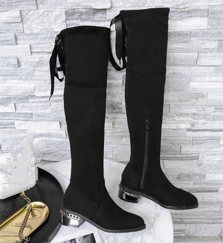 Размер 34-48, пикантные вечерние Сапоги выше колена на шнуровке женские классические замшевые высокие сапоги стрейч-застежка-молния женская обувь на квадратном каблуке