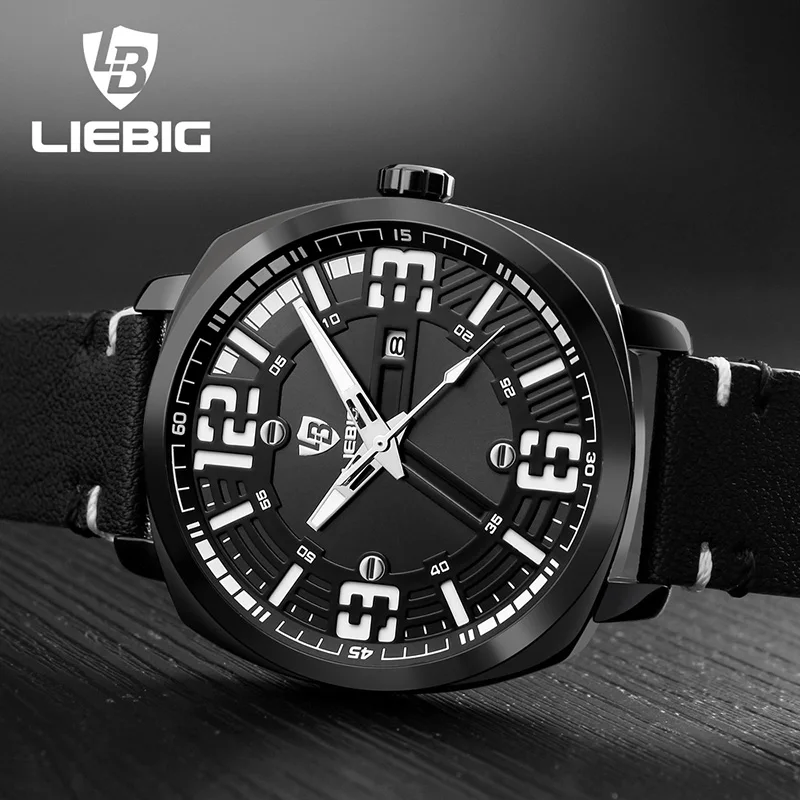 LIEBIG Luxury Brand Men Sports Watches 30M Water Resistant Pu Strap Luminous Hands Quartz Wristwatches Relogio