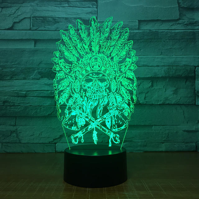 7 COLORS CHANGE 3D INDIAN CHIEF SKULL LED LAMP