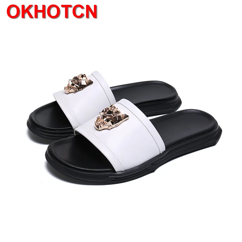 

Genuine Leather Slippers Men White Non-Slip Summer Shoes Fashion Metal Decoration Zapatos De Hombre Big Size Thick Heel Slides
