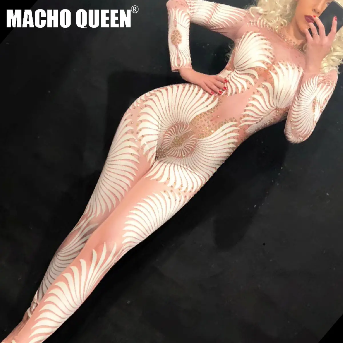 

White Feather Print Drag Queen Costumes Jumpsuit Rhinestone Bodysuit Sparkly Women Outfit Diamonds Bodysuit Birthday Party Wear