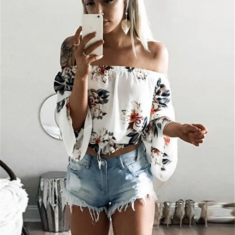 White Floral Print Off The Shoulder Long Sleeves Blouses