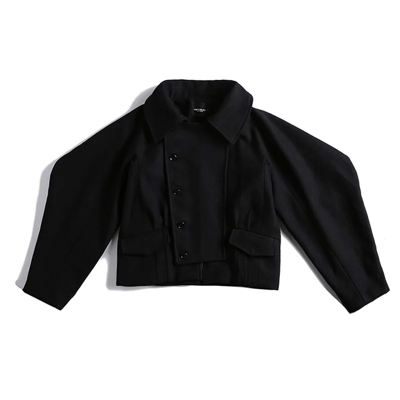 [EAM] Новое весеннее однобортное черное свободное Короткое шерстяное пальто с лацканами и длинным рукавом Женская куртка модный тренд JI500 - Цвет: black