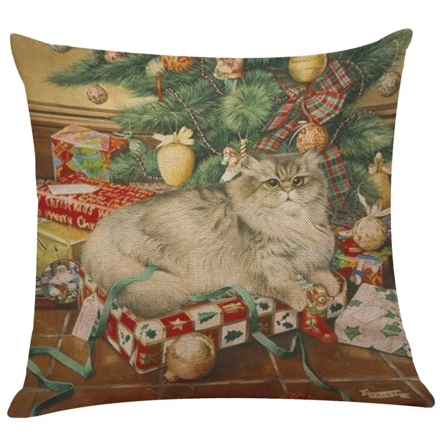 45* 45cm Cat Christmas Cotton Linen Throw Pillow Cushion Cover Car Home Decor Bed Sofa Decorative Pillowcase funda cojin 807