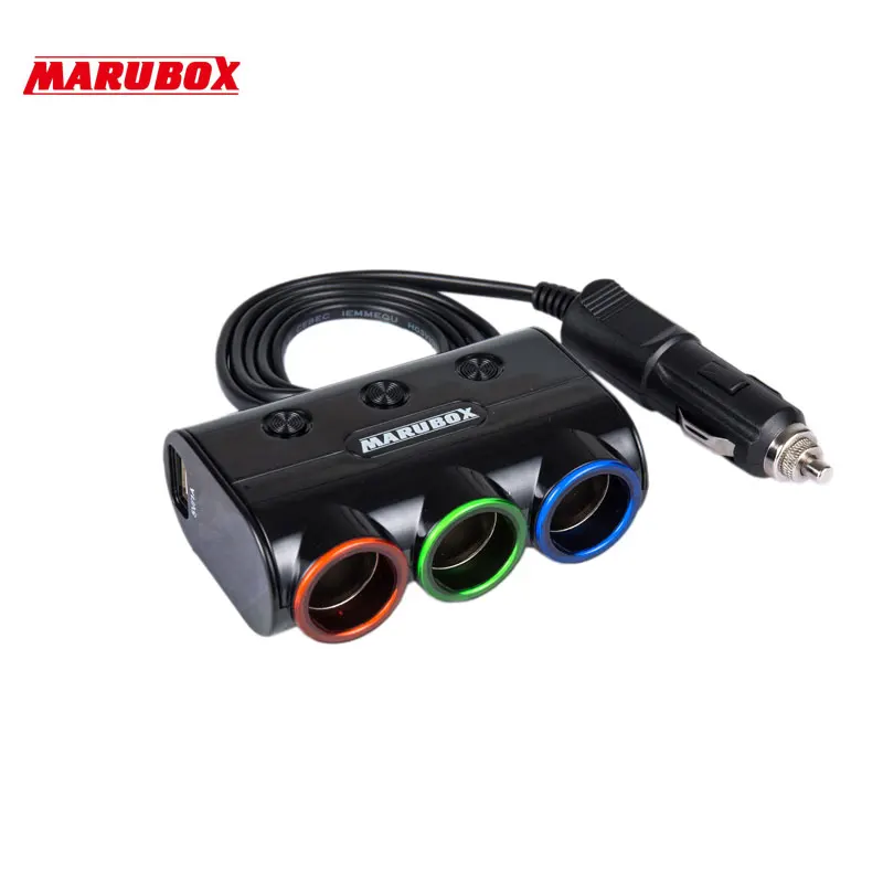 Marubox M11 Разветвитель пригуривателя в автомобиль 3 гнезда с 2USB 3.1A пригуривателя мощность 120 Ватт Длина кабеля 1 метр Отдельные кнопки вкл/выкл каждого прикуривателя качественный провод и пластик