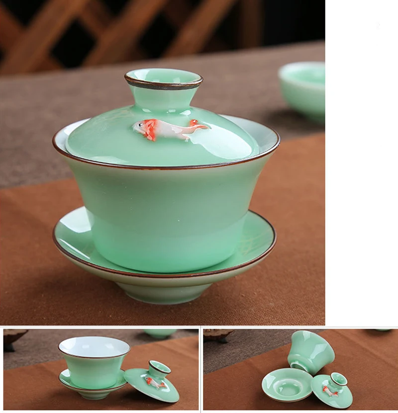 Celadon Gaiwan teaset kungfu tea bowl of jingdezhen blue and white porcelain tea glass ceramic white porcelain three of the bowl