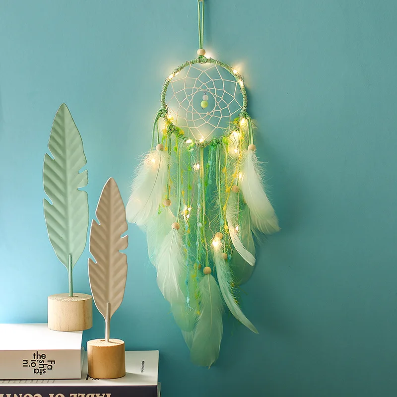 

1Pcs Dream Catcher Feather Girl Style Handmade Dreamcatcher with String Light Innovative Home Bedside Wall Hanging Decoration