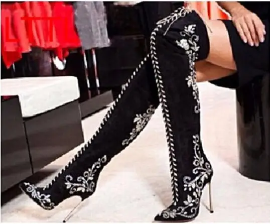 Embroidery Women Thigh High Boots Bordered Flower Boots Over The Knee Matellic Heel Bota Shoes Women Black Red Royal Blue