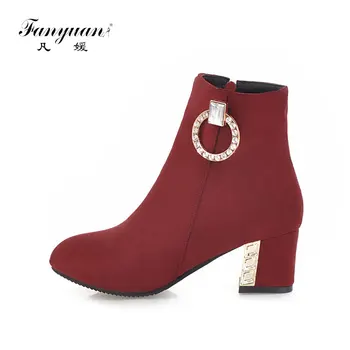 

fanyuan Fashion Yellow red black Party Chunky Block High Crystal Heels Lolita Shoes winter Cross Strap Ankle Boots Women Winter